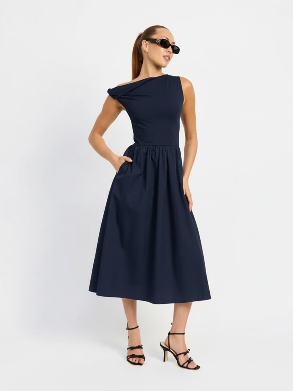 En Saison Navy Asymmetric Knot Shoulder Midi Dress Full Skirt XS